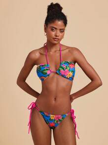 Travachic Conjunto de bikini con estampado tropical, con escote halter y nudo delantero sexy, para verano y playa, trajes de baño para mujer, atuendos de verano para mujer - Azul - Ver 5