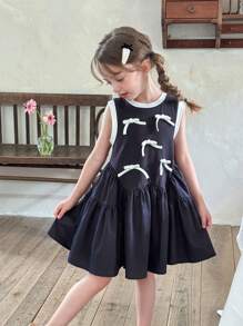LMoss Kids Vestido ajustado sin mangas de cuello redondo de punto con diseño de parches y bajo acampanado para niña - Azul - Ver 6