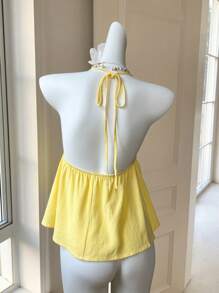 Comfortcana Women's Butter  Yellow Linen V-Neck Halter Neck Tank Top For Summer Vacation - Yellow - View 2