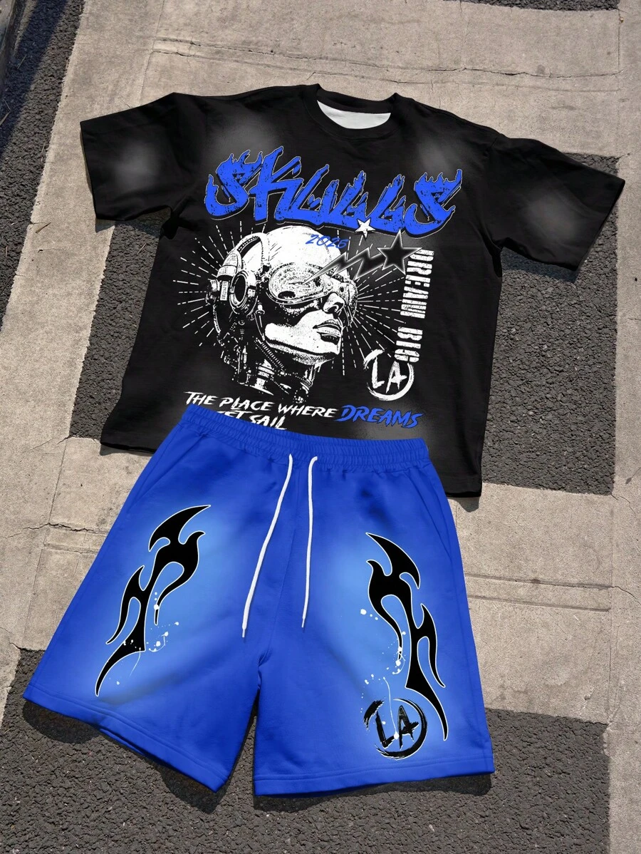 Manfinity Roughcore 男士休闲图案印花T恤和短裤两件套，夏季男士短裤两件套，男士两件嘻哈短裤套装，男士图案印花短裤套装，男士两件套短裤套装，男士两件套夏季服装 - 彩色 - 查看 1