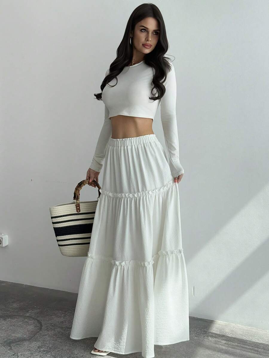 Firerie 女士优雅休闲度假海滩旅行毕业音乐节波西米亚风白色弹力腰荷叶边A字宽松半身裙，适合度假、海滩等场合