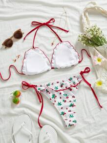 SHEIN Swim Women's Floral Print Halter Knot Front Bikini Set For Summer Beach Vacation - Multicolor - View 2