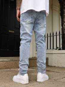 Manfinity EMRG Men's Casual Washed Distressed Tapered Leg Ripped Denim Jeans - Light Wash - View 2