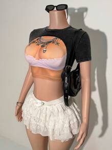 Slaydiva 2025 春夏新款波西米亚音乐节休闲街头时尚性感可爱甜美 Y2K 图案漂白短款短袖修身 T 恤上衣 - 灰色 - 查看 11