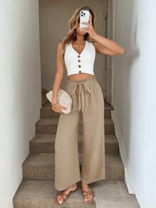 Easowa Pantalones anchos de mujer con lazo en el bajo, pantalones fluidos elegantes y casuales para vacaciones - Caqui - Ver 6