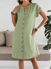 EMERY ROSE 女式纯色 V 领蝙蝠袖短袖单排扣休闲连衣裙，夏季 - 綠色 - 查看 4