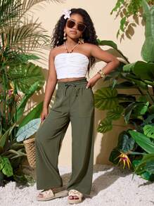 SHEIN Tween Girl 休闲宽松直筒长裤，军绿色 - 軍綠色 - 查看 5