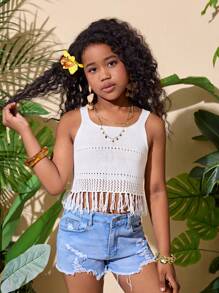 SHEIN Parte superior corta sin mangas de unicolor para niñas preadolescentes con espalda calada y bajo con flecos