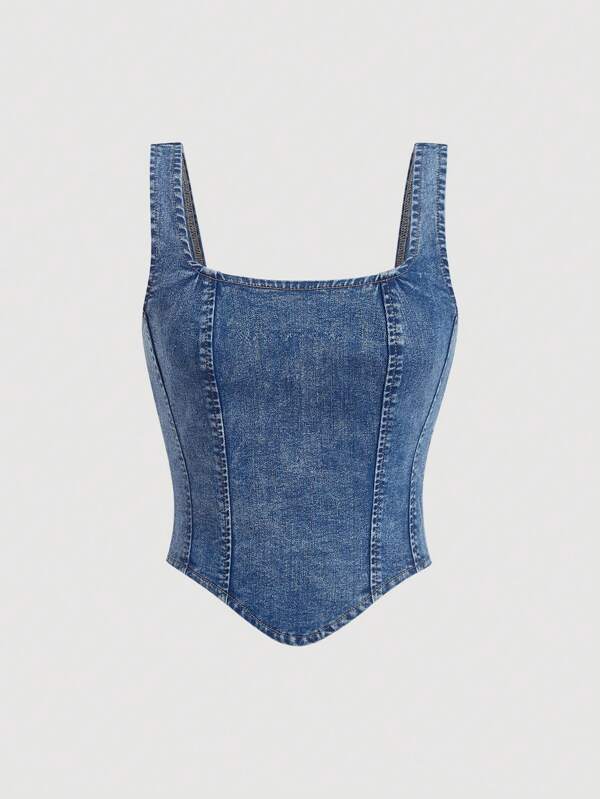 SHEIN MOD Women Square Neck Asymmetric Hem Sleeveless Denim Blouse