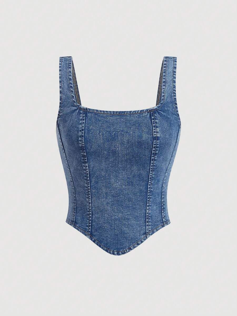 SHEIN MOD 女式方领不对称下摆无袖牛仔衬衫