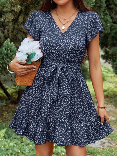 SHEIN Frenchy Summer Women's Floral Print Belted Dress Ditsy Floral Dress Blue Floral Dress Short Sleeve Summer Dress Women Vacation Dress Cottagecore Dress
