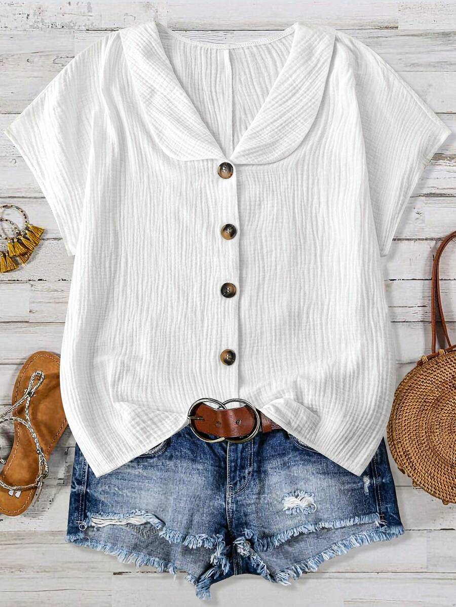 Breezaya Camisa de manga corta de unicolor y textura informal para vacaciones de mujer - Blanco - Ver 1