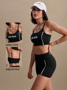 SHEIN Sports Conjunto de activewear con camiseta de tirantes y shorts con estampado de letra para mujer