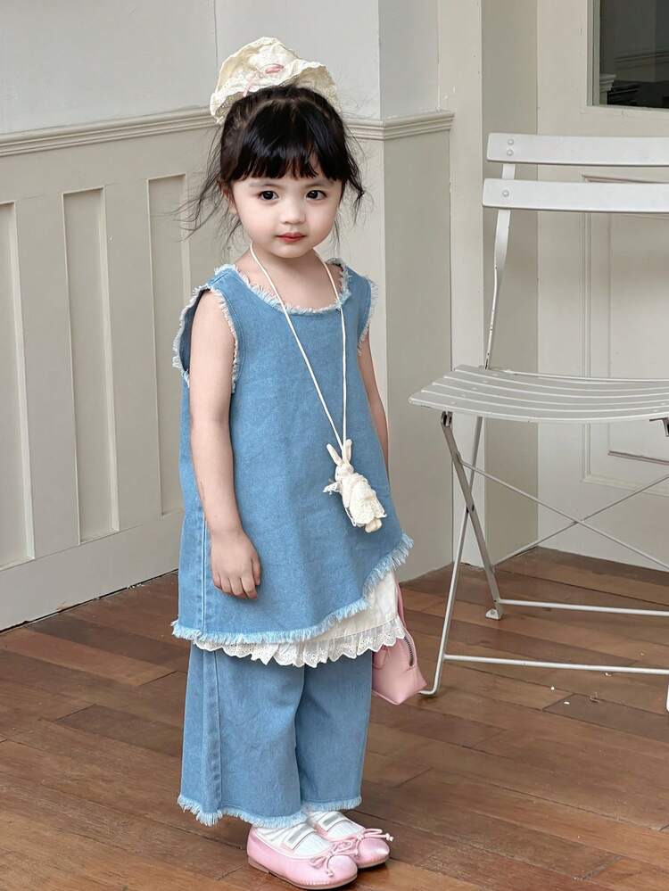 Toddler Girls' Round Neck Washed Sleeveless Shirt With Casual Wide Leg Denim Jeans
