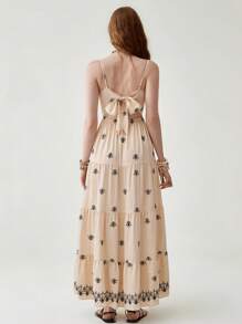 Florisole Bohemian Style Vacation Embroidered Multi-Layer Patchwork Dress For Women - Apricot - View 2