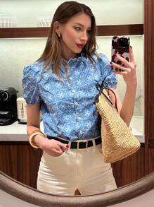 Pariaura Áo cánh nữ tay ngắn thêu hoa kiểu Pháp khoét rỗng viền bèo nhún - Màu xanh lam - Xem 1