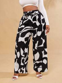 SHEIN SXY Plus Size Women Geometric Print Knotted Waist Pockets Wide Leg Pants,Suitable For Early Spring, Spring And Summer, Rainforest, Beach Party, Seaside Vacation, Bonfire Party, Cool And Light, Slim Fit, Comfortable To Wear,Easy To Match&Looks Slim,Accent Your Body,Flatter The Figure