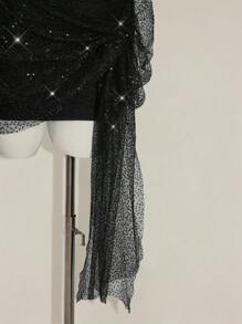SHEIN ICON Váy ngắn xếp nếp lấp lánh hở một bên vai Y2K Party Club Going Out - màu đen - Xem 6
