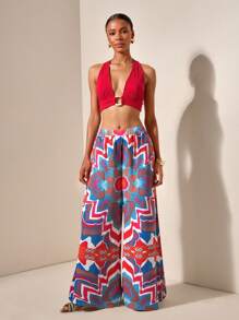 Zivah Ring Linked Halter Top & Allover Print Pants Bikini Set ,Country Concert Outfit - Red - View 6