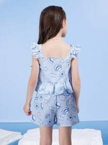 SEALOOK X SHEIN 少女卡通可爱海豹、鱼、贝壳印花蓝色夏日度假清爽荷叶边下摆上衣短裤套装 - 淺藍色 - 查看 2