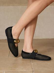 MOTF PREMIUM METAL BUCKLE MESH FLAT SHOES BALLET FLATS - Black - View 4