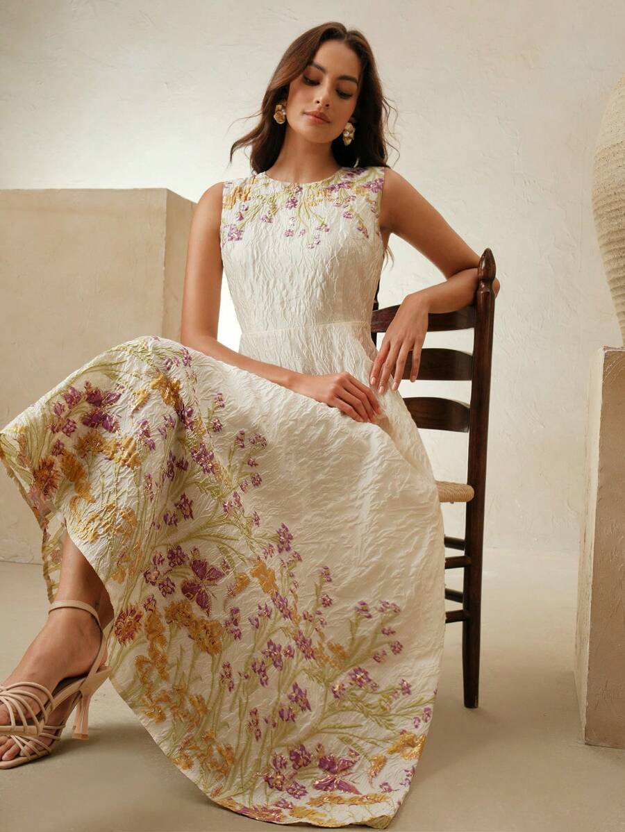 Anewsta Elegant Romantic Date Night/Party/Wedding Guest Sleeveless Long Jacquard Dress For Women, Spring/Summer - Purple - View 1