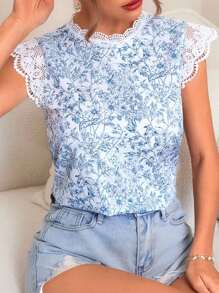 SHEIN VCAY Plus Size Women's Holiday Floral Print Contrast Lace Cap Sleeve Blouse Lace Top Cute Summer Tops