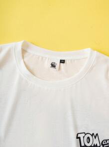 TOM & JERRY X SHEIN 大码男士夏季休闲可爱猫咪印花圆领短袖 T 恤，图案 T 恤