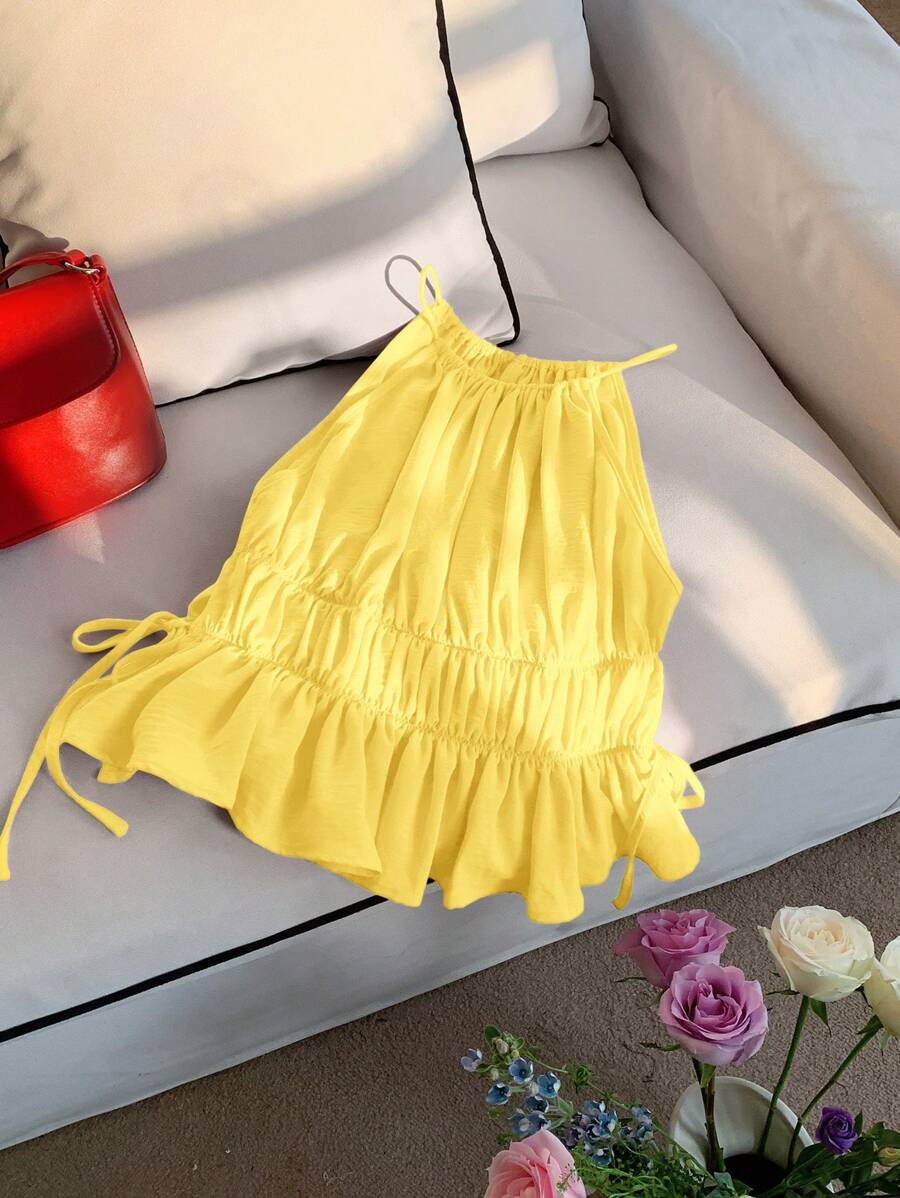 Comfortcana 夏季休闲黄色褶饰露背上衣