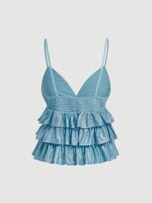 SHEIN MOD 可爱的粉色多层荷叶边背心，冬季上衣，派对上衣，上衣，新年晚会上衣，粉色荷叶边上衣，玫瑰色上衣，粉色上衣，女款 - 藍色 - 查看 2