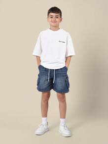 SUMWON Kid's Summer Denim Cargo Shorts Cotton Jean Drawstring Waist Casual Sport Everyday Loose Fit Outdoor Adventure Play Comfort