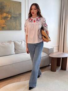 Pariaura Women's Spring/Summer French Striped Embroidered Puff Sleeve Blouse, Loose Embroidery Decor, Versatile Casual Commuter Short Shirt - Apricot - View 2