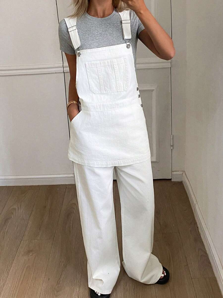 DAZY Bộ đồ liền thân denim 2 mảnh cho nữ kèm quần yếm và quần dài, bộ đồ mùa hè thường ngày - trắng - Xem 1