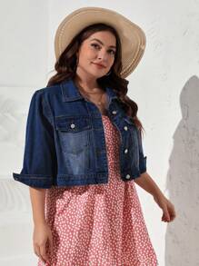 EMERY ROSE Chaqueta vaquera corta informal lavada y desgastada de talla grande - Azul lavado oscuro - Ver 4