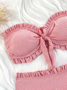 SHEIN 女士格纹印花荷叶边下摆抹胸性感泳衣套装，适合海滩度假 - 紅色 - 查看 4