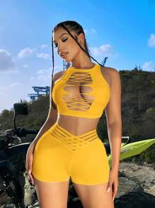 SHEIN SXY 女士性感网纱拼接修身短裤 - 黃色 - 查看 4