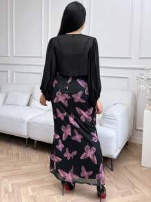 Modelyn 大码优雅灯笼袖衬衫和蝴蝶印花连衣裙两件套，夏季 - 彩色 - 查看 2