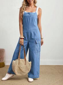 Breezaya 女士休闲水洗牛仔连体裤 - 藍色 - 查看 7