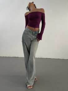 Aloruh Women's Autumn Solid Color Long Sleeve Off Shoulder Ruched Fitted Fashion T-Shirt - Purple - View 4