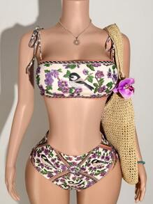 Slaydiva 2 件套 2025 春夏新款邮轮旅行海滩度假阳光花朵印花系带肩比基尼上衣 + 高腰泳衣 - A - 彩色 - 查看 7