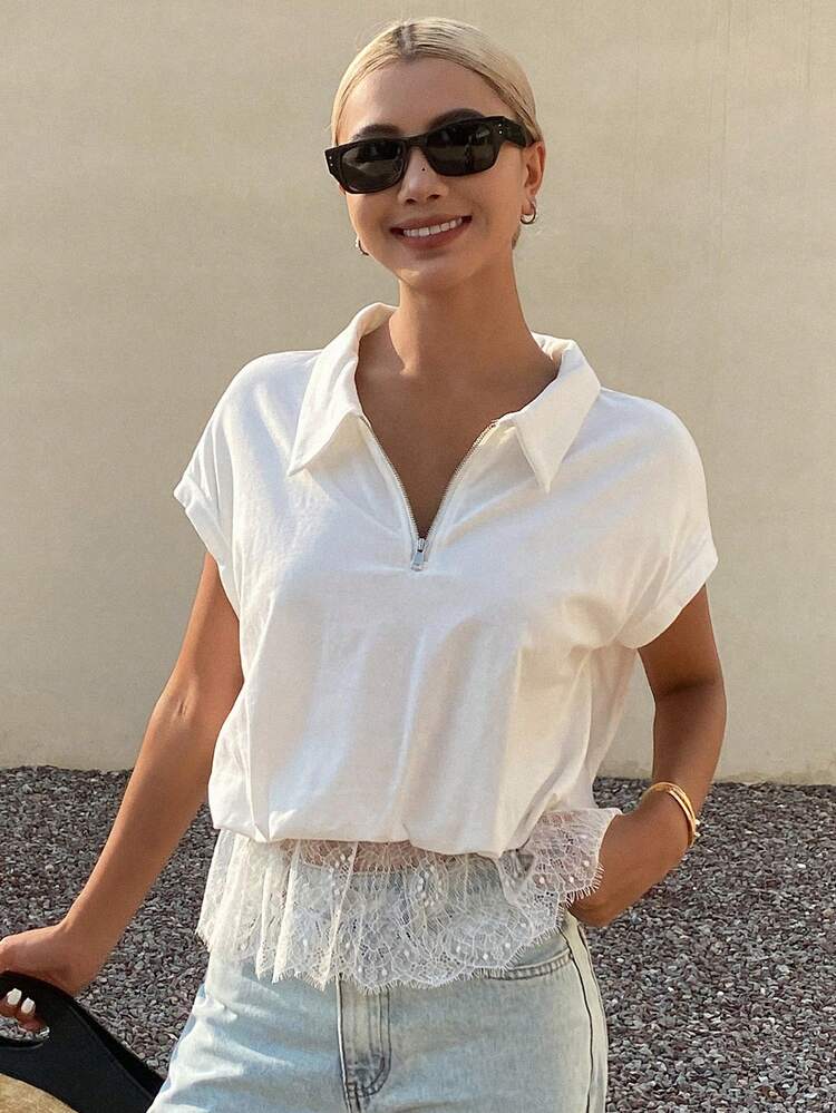 Women's Faux 2 Pieces Lace Patchwork Collar Short Sleeve Top, Loose Casual T-Shirt For Urban Young Lady, Summer