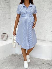 SHEIN Pregnant Women Summer Casual Stripe Print Front Button Maternity Dress Blue White Straps  Shirt Dress