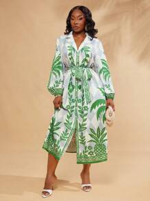 SHEIN SXY Robe chemise imprimée à manches longues élégante et sexy pour femme grande taille, adaptée pour le port quotidien, les mariages, BOHO, bohème, les sorties, les vacances à la plage, les vacances, le bord de mer, le style western, les festivals de musique, les concerts, les fêtes de carnaval, avec des couches riches, les sorties, Ibiza, Nashville, les pauses, modeste, chic, le club