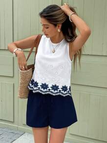 Serisse 2 件套女士无袖上衣和短裤套装，夏季时尚 - 藏蓝色 - 查看 1