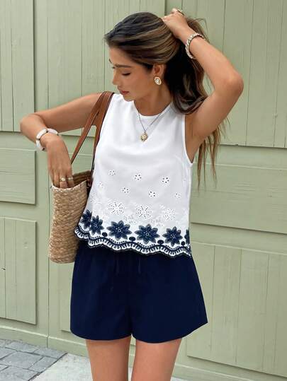 Serisse 2pcs Women's Sleeveless Top & Shorts Set, Fashionable For Summer Casual Blue