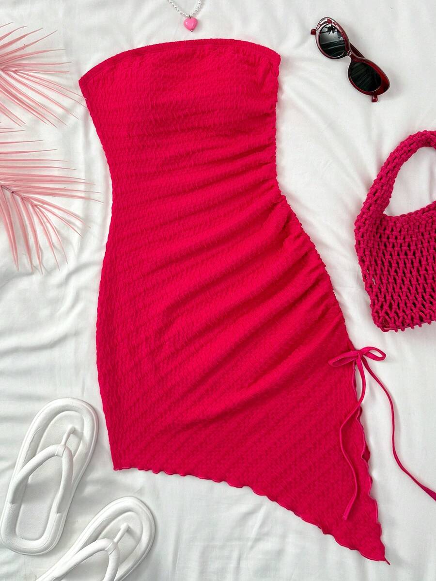 SHEIN Teen Girls Holiday Pink Textured Strapless Side Slit Drawstring Waist Asymmetrical Hem Mini Dress, Wedding Season Afternoon Tea Fashion Fall Winter Lining