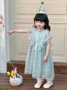 DAZY Toddler Girls' Round Neck Tulle Party Dress, Cute Texture Lace Patchwork Formal Outfit