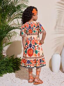 Young Girl Tropical Print V-Neck Short Sleeve Casual Beach Dress, Suitable For Vacation, Spring/Summer - Multicolor - View 2