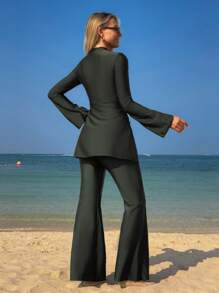 Swim Mulvari 女式全新纯色夏季两件套高领长袖荷叶边喇叭袖系腰泳衣，端庄度假防晒沙滩装 - 軍綠色 - 查看 2