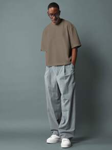 SUMWON 超大宽松剪裁短袖圆领优质针织 T 恤街头时尚运动休闲必备上衣都市时尚简约设计休闲基本款 - 卡其色 - 查看 3